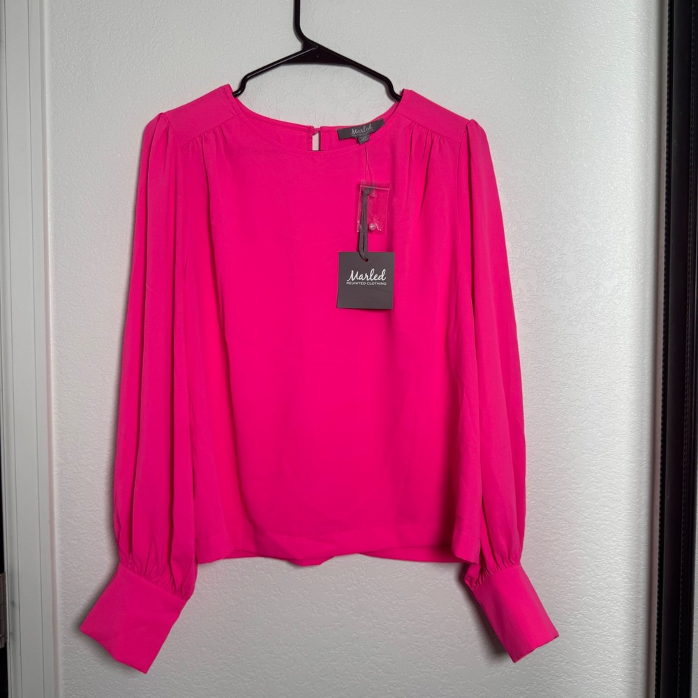 Marled Reunited Clothing Blouse Women Medium Neon Pink Bishop Sleeve